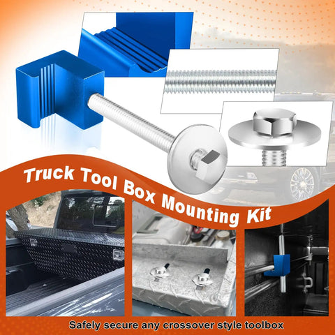 Beefy Heavy Duty Aluminum Truck Tool Box Mounting Kit With Lock Nuts showing blue components and installation on truck bed.