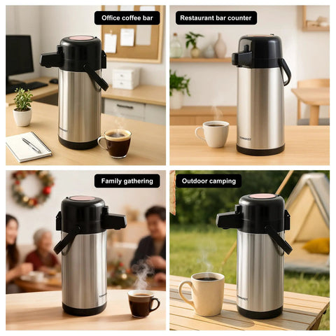 Airpot Coffee Carafe With Pump, 102oz 3L Insulated Stainless Steel Beverage Dispenser Keeps Hot Or Cold For 24 Hours in various settings.