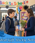 Student gifting teacher amid back to school decor, "Nine Styles Sticky Notes Set For Teachers Back To School Gift With 450 Sheets Total"