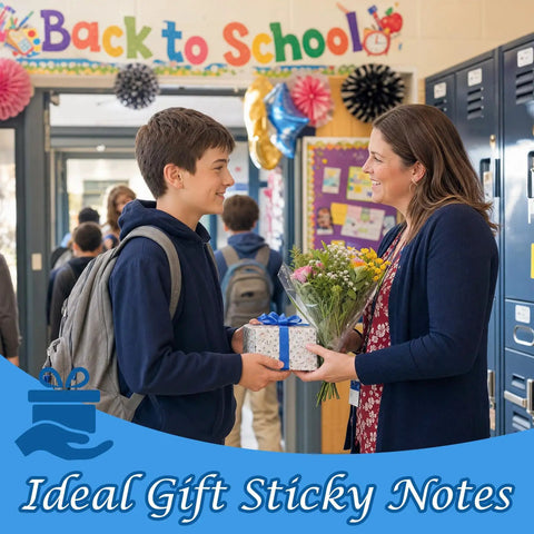 Student gifting teacher amid back to school decor, "Nine Styles Sticky Notes Set For Teachers Back To School Gift With 450 Sheets Total"