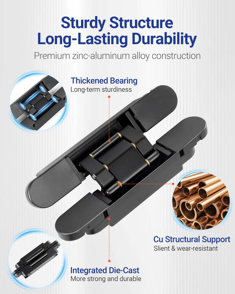 Hidden Door Hinges 6x2.5x1 Inch Zinc Alloy Concealed Hinge Set Black Heavy Duty 3 Way Adjustable Silent 180 Degree Swing for Doors Over 35mm Thick Invisible Butt Hinges Pack of 2