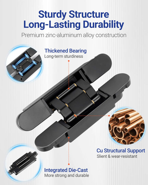 Slick Hidden Door Hinges Pack Of 2, 6 Inch Concealed Zinc Alloy Butt Hinges In Black, Silent And 180 Degree Swing for Invisible Doors