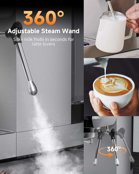 Close-up of 360° adjustable steam wand creating milk froth, part of 20 Bar Espresso Machine With Milk Frother For Rich Crema At Home