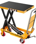 Heavy Duty Hydraulic Lift Table Cart With Single Scissor Mechanism And 1100 Lb Capacity, Yellow Finish, Hydraulic pump and sturdy wheels.