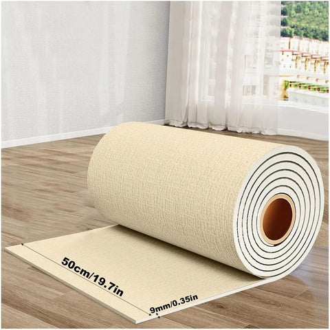 Premium Beige Thermal Peel And Stick Wall Panels 9mm Thick XPE Foam Insulation rolled out on wooden floor.