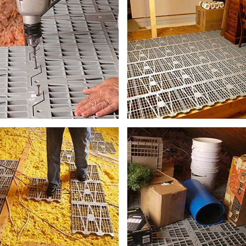 Attic Floor Tiles Add Quick Storage Space With ABS Construction showing easy installation and storage in an attic space.