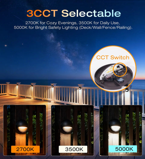 Six Pack Outdoor Low Voltage LED Deck Lights With Three Color Temperatures 2700K 3500K 5000K for deck and railing lighting at night