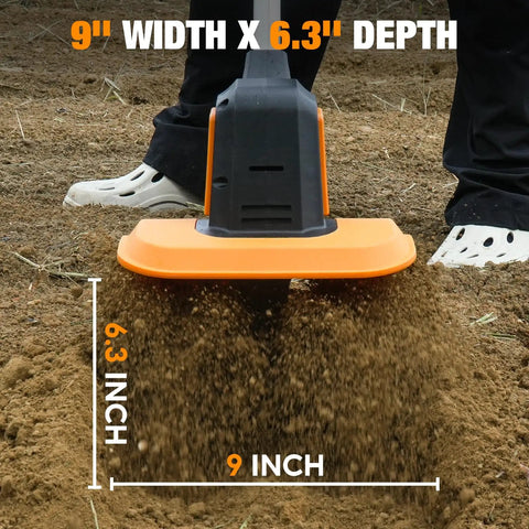 Upgraded Cordless Garden Tiller With Dual 2.0Ah Batteries, 9-Inch Width, 48 Steel Tines, Rototiller Cultivator in action on soil
