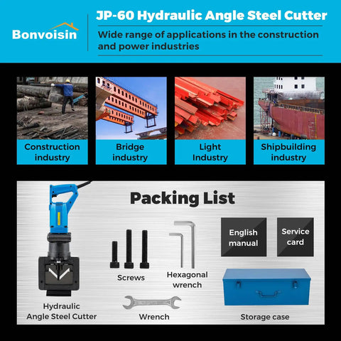 Bonvoisin 1500W Hydraulic Angle Iron Steel Cutter Fast Cutting Up To 60Mm Wide Range Portable Electric Power Tool for job site packing list components.