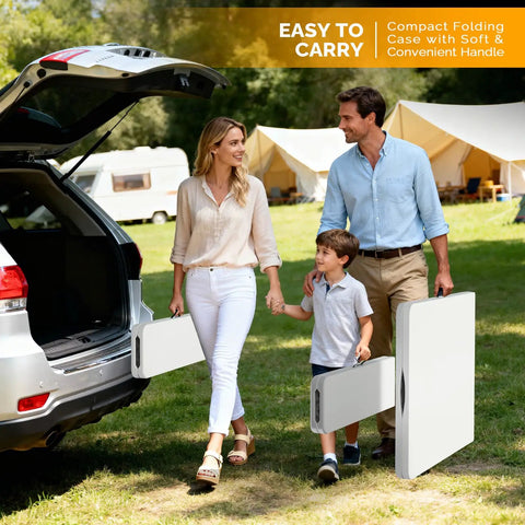 Family carrying White Folding Picnic Table Set With 2 Benches, 6 Feet Portable Outdoor Indoor Table And Chair Set from car at campsite