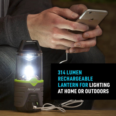 Rechargeable Lantern 314 Lumens With Fast USB Charge In 3 Hours for camping, shown charging a phone using its USB port.