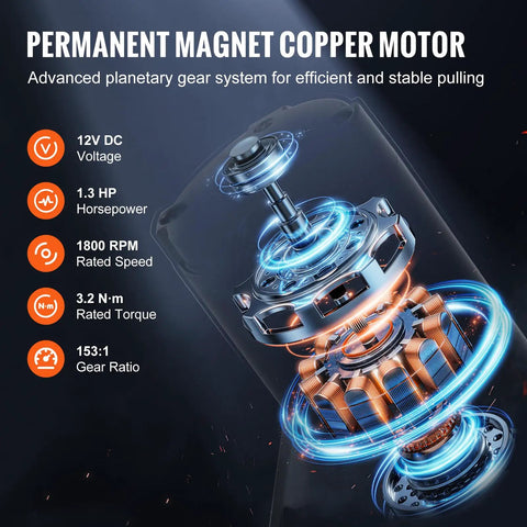 Detailed view of the 12V copper motor in the VEVOR 4000 Lb Electric Winch for ATV and UTV recovery.