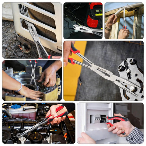 Collage of 13 Inch Extra Long Internal Snap Ring Pliers with Double Joint for deep retaining rings in various automotive and gearbox uses