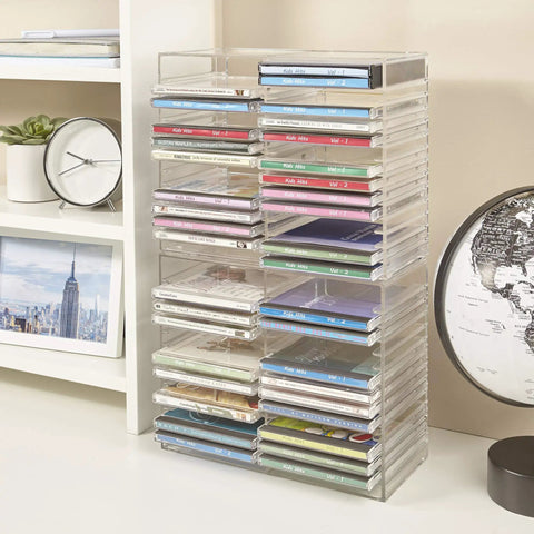 Stackable Clear Plastic CD Organizer With Rubber Feet For Home Theater Or Media Room, Holds Up To 30 Jewel Cases, BPA Free Durable