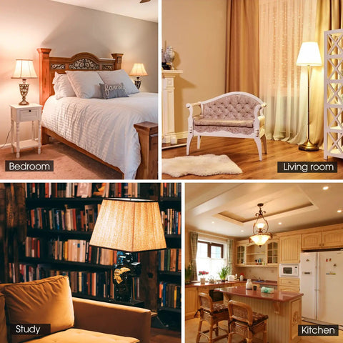 LED Light Bulbs 60 Watt Equivalent A19 Warm White 3000K in bedroom, living room, study, and kitchen settings