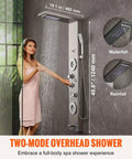 Woman enjoying the 6-Mode Shower Panel System with Rainfall, Waterfall & 4 Body Massage Jets in modern bathroom.
