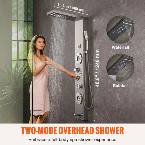 Woman enjoying the 6-Mode Shower Panel System with Rainfall, Waterfall & 4 Body Massage Jets in modern bathroom.
