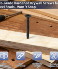 130 Piece Pack Of Number 6 By 1 And 3 Eighths Inch Coarse Thread Drywall Screws With Phillips Flat Countersunk Head A Real Workhorse For Wood Studs And Sheetrock Made From 1022A Phosphated Carbon Steel With Grade 8.8 Hardness For Heavy Duty Mounting displayed on wooden surface