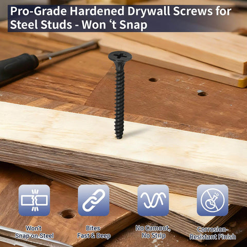 130 Piece Pack Of Number 6 By 1 And 3 Eighths Inch Coarse Thread Drywall Screws With Phillips Flat Countersunk Head A Real Workhorse For Wood Studs And Sheetrock Made From 1022A Phosphated Carbon Steel With Grade 8.8 Hardness For Heavy Duty Mounting displayed on wooden surface