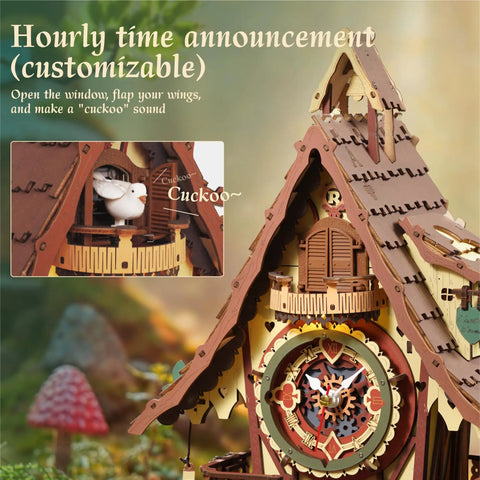 Close-up of 3D Wooden Puzzle Cuckoo Clock Model Kit With Real Function for adults, showing details of the DIY clock and cuckoo.