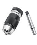 Heavy Duty Five Eighth Inch Keyless Drill Chuck With MT2 Shank For Wood Lathe And Pillar Drills, Quick Bit Changes, shown with adapter