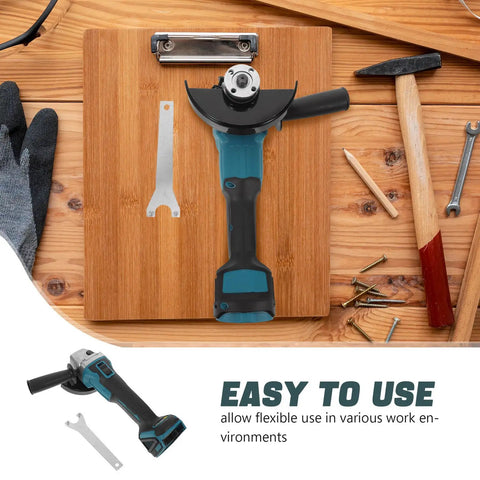 Cordless Angle Grinder Kit With High Speed Metal Cutting And Polishing Rechargeable Battery Lightweight Plastic Construction Pro Grade Tool For Metalwork And Finishing Projects on wood board