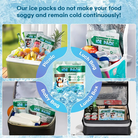 Five Pack Reusable Ice Packs For Lunch Boxes And Coolers, 12 Plus Hour Cooling Gel Packs in various bags and coolers