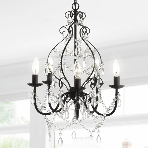 Black 17 Inch 5 Light Crystal And Metal Chandelier With Traditional Cascading Beads Adjustable Chain For Dining Room Or Entryway UL Listed Energy Saving LED Bulbs Included