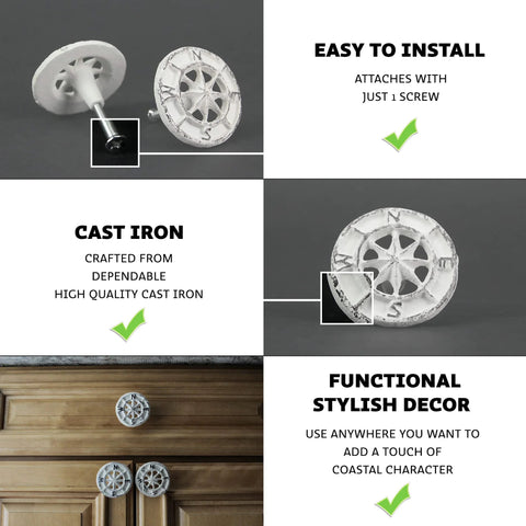 Close-up of Aged Bronze Compass Rose Drawer Pulls Set Of 12, Durable Cast Iron Cabinet Hardware Knobs, Easy Installation steps with nautical design.