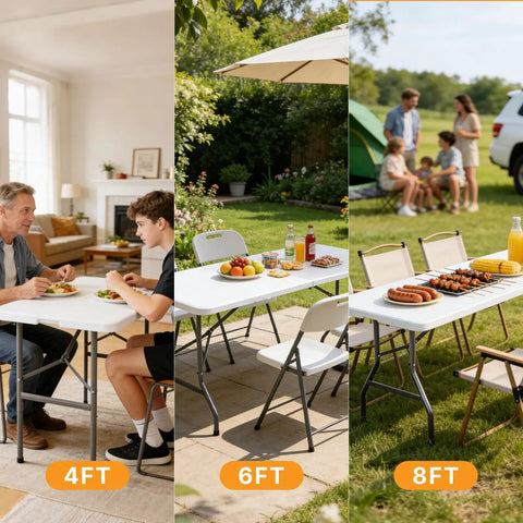 4 Ft Folding Picnic Table Portable And Lightweight For Camping Picnics Beach Days Tailgating Dining And Parties Indoor Outdoor Use With Carrying Handle And Easy Fold For Quick Storage In Car Trunk Or Closet being used indoors and outdoors.