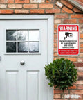 Two Pack Heavy Duty Aluminum Security Warning Signs For Your Property Hella Bright Reflective Red And White Surveillance Notice by a door.