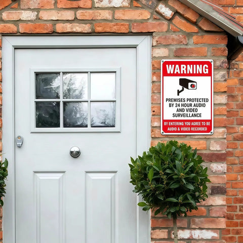 Two Pack Heavy Duty Aluminum Security Warning Signs For Your Property Hella Bright Reflective Red And White Surveillance Notice by a door.