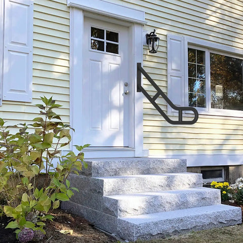 Heavy Duty U Shaped Handrails For Outdoor Steps Built From Solid Wrought Iron With Black Powder Coat Wall Mount Safety Grab Bars next to entrance.