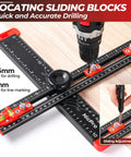 All In One 4 In 1 Drilling Positioning Scribing Ruler For DIY Pros, Adjustable T Square with drill on wooden surface