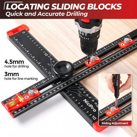 All In One 4 In 1 Drilling Positioning Scribing Ruler For DIY Pros, Adjustable T Square with drill on wooden surface