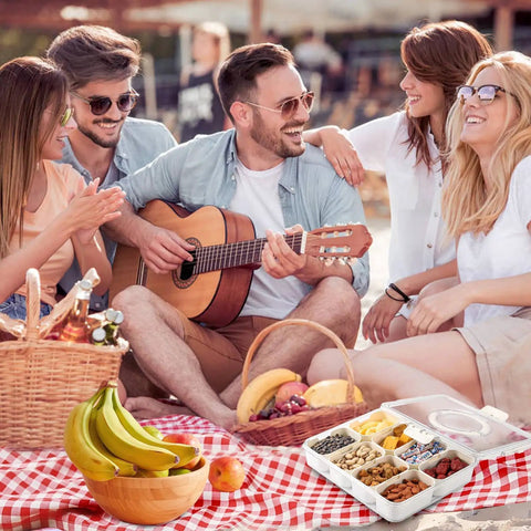 Picnic with friends and Two Pack Divided Snack Box With Clear Lid And Handles Portable Charcuterie Tray For Parties And Picnics.