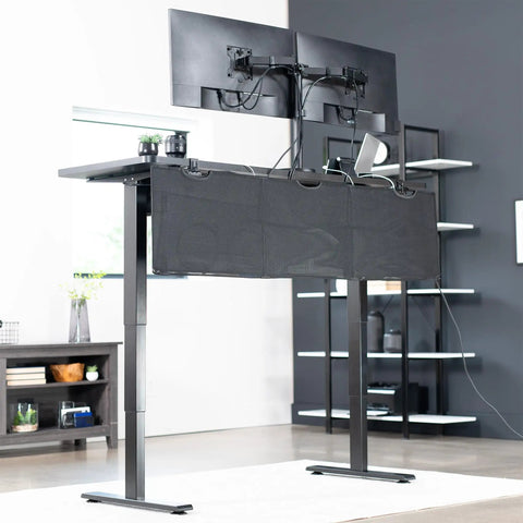 60 Inch Clamp-On Privacy Desk Skirt With Cable Management Sleeve And Wire Hider Kit on standing desk, black
