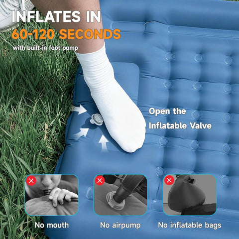 Person inflating Ultralight Camping Sleeping Pad With Built In Pillow And Foot Pump 5 Inch Thick Inflatable Mat by foot.