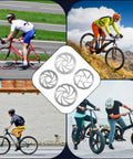 Cyclists on road and mountain bikes with MTB Disc Brake Rotor Six Bolt 140mm 160mm 180mm 203mm Stainless Steel shown in center