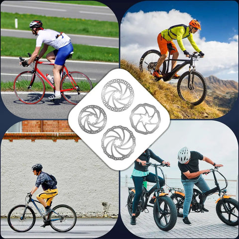 Cyclists on road and mountain bikes with MTB Disc Brake Rotor Six Bolt 140mm 160mm 180mm 203mm Stainless Steel shown in center