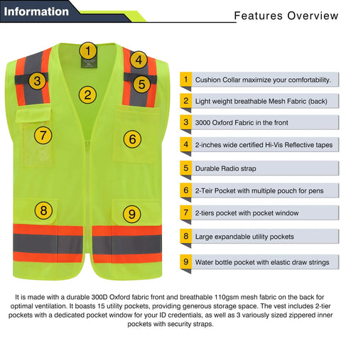Kickin Hard On The Job With This Blaze Bright Hi Vis Safety Vest Packing 360 Degree Reflective Strips Built Tough For Rugged Construction Sites And Long Haul Grind Time Comfortable Xx Large Cut Puts You Front And Center On Any Crew features overview with pockets and reflective strips