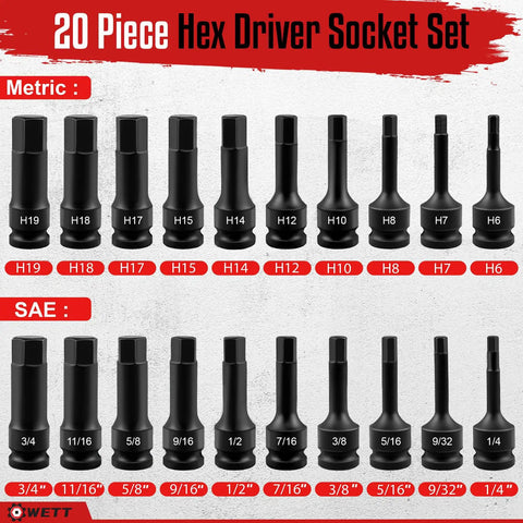 Half Inch Drive Master Impact Hex Bit Set, 20 Piece Hex Driver Socket Set with Chrome Vanadium Steel and Black Oxide Finish