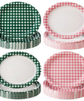 48 Pack Camp Gingham Paper Plates 10 By 12 Inches Large Picnic Style Plaid Plates in two colors, green and pink, stacked view