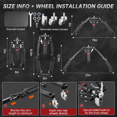 Upgrade Your Home Gym With This Badass 3 In 1 Twister Arm Trainer. Size info and wheel installation guide shown.