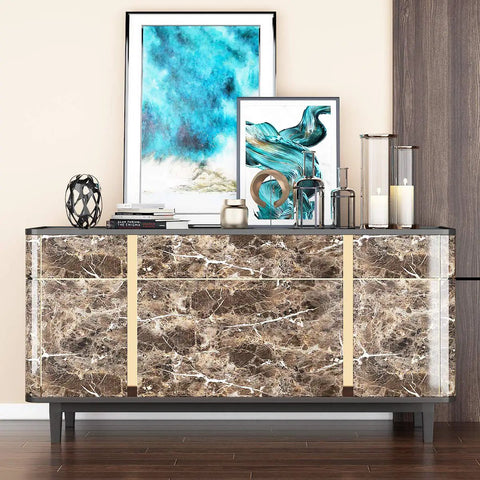 Extra Wide Dark Brown Contact Paper For Countertops No Seam 36 By 197 Inches Waterproof Peel And Stick Vinyl Wrap For Kitchen Islands Desks Tables And Cabinets With Marble Look Finish And Easy Removable applied to cabinet surface.