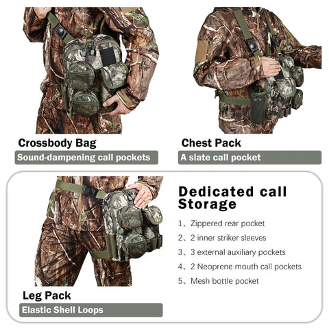 Rugged Tactical Shoulder Bag For Outdoors Crossbody Sling Chest Pack For Hunting Hiking Fishing Lightweight Everyday Carry Pouch Waterproof And Scratch Resistant 600D Gear Bag in camo design, featuring multiple compartments, worn by model in hunting gear.