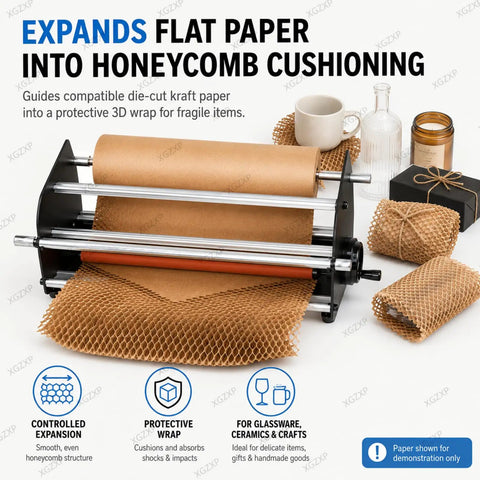 Manual Honeycomb Paper Dispenser Featuring A Smooth Crank Handle For Hassle Free Kraft Cushion Wrap And Compact Tabletop Packing Station To Keep Fragile Goods Totally Secure, displaying ease of use.