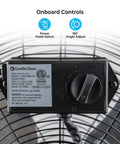 Onboard controls of 20-Inch High Velocity Floor Fan For Garage And Workshop, showing speed settings and 180-degree tilt adjustment.
