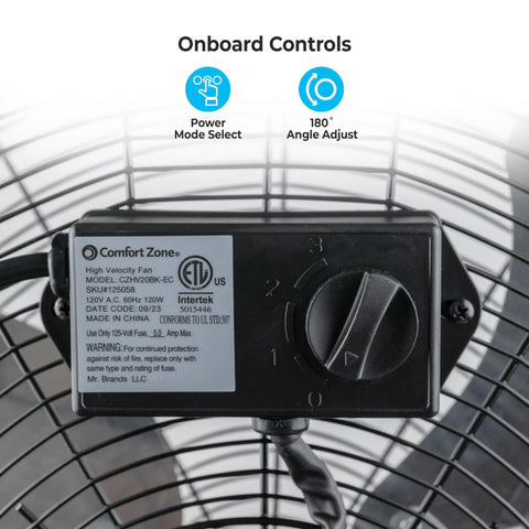 Onboard controls of 20-Inch High Velocity Floor Fan For Garage And Workshop, showing speed settings and 180-degree tilt adjustment.
