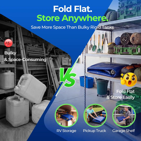 Comparison of bulky jugs and the compact 1000L Portable Collapsible Water Bladder Tank For Camping And RV Use on shelves and in storage
